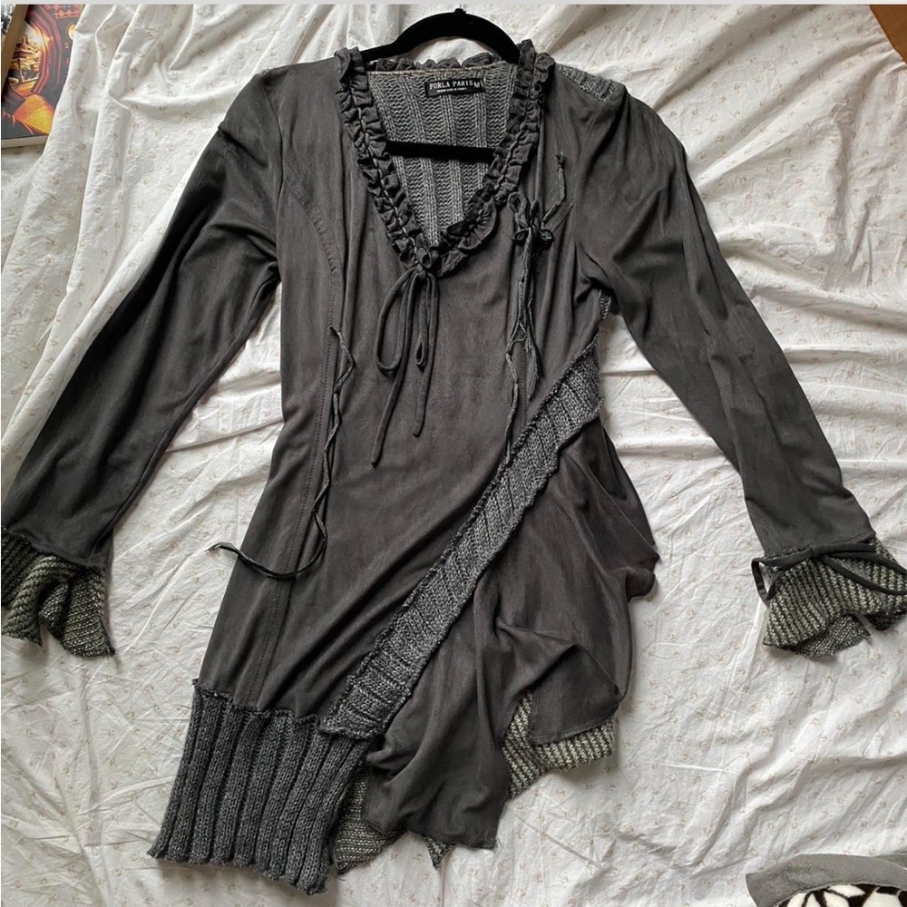 Gray Long Sleeve Ruffled Grunge Fairy Winter Sweater Dress